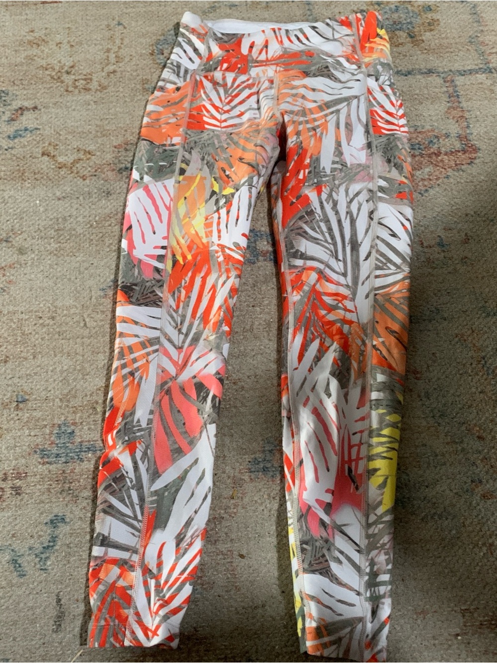 Calvin Klein Tropical Leaf Print Leggings in White, Orange, Pink, Gray, Yellow